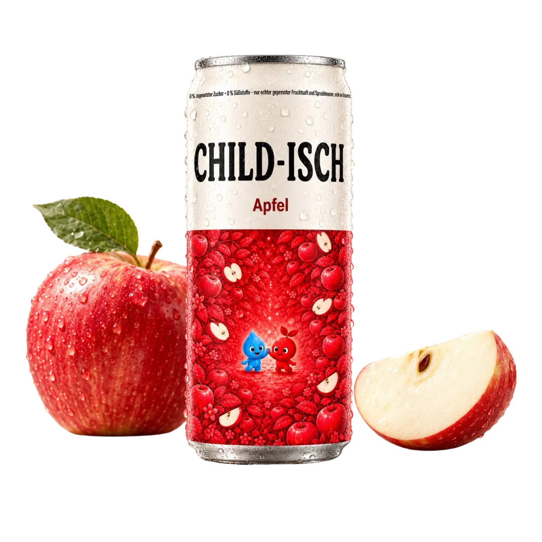 CHILD-ISCH Apfel Dose neben einem aufgeschnittenen Apfel