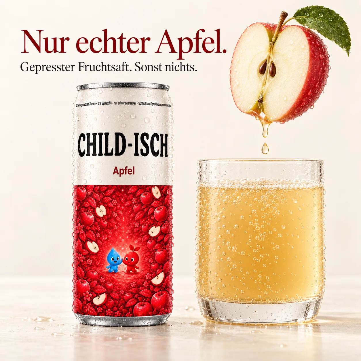 CHILD-ISCH Apfel Dose neben einem Glas, Bildtext „Nur echter Apfel. Gepresster Fruchtsaft. Sonst nichts."