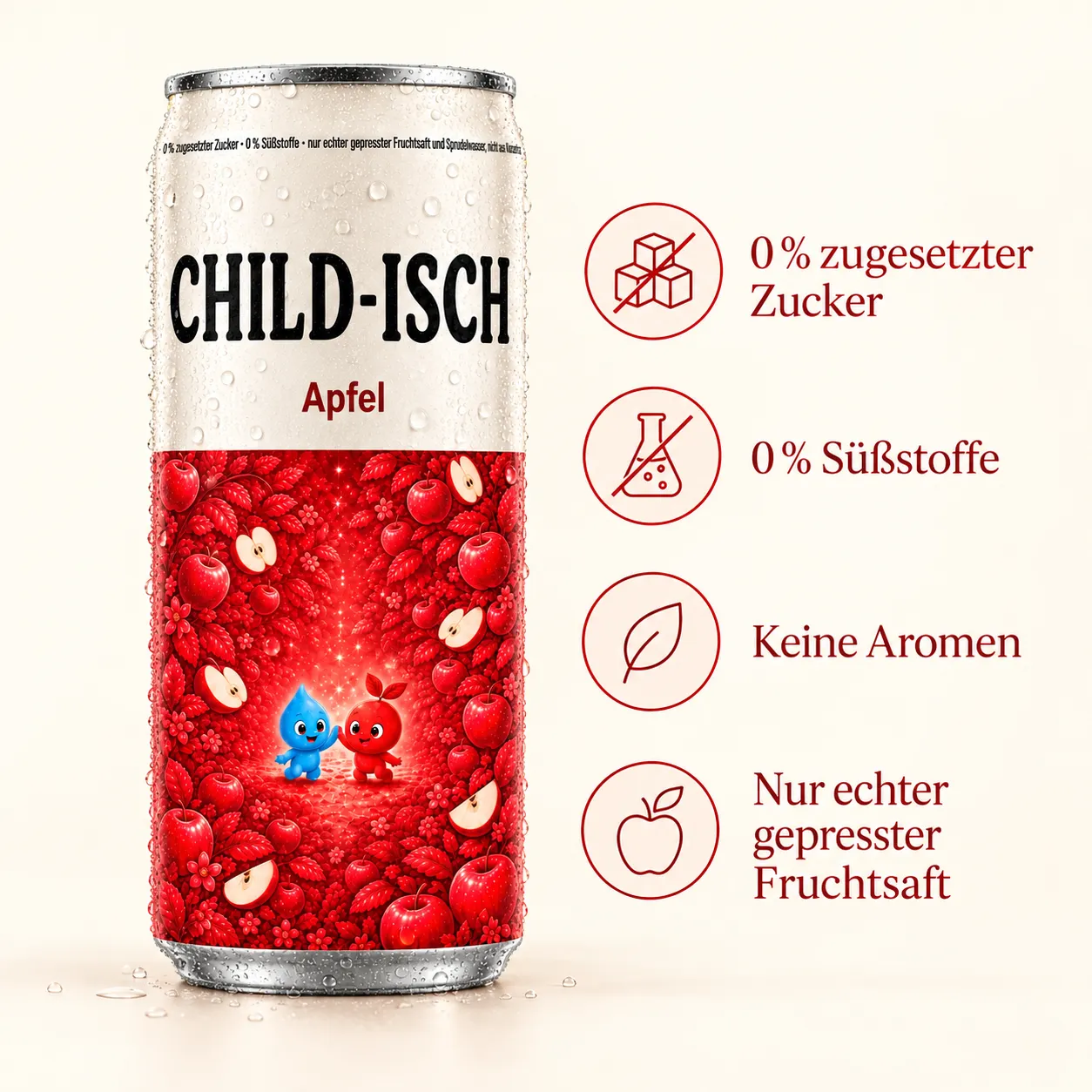 CHILD-ISCH Apfel Dose mit vier Symbolen: 0% zugesetzter Zucker, 0% Süßstoffe, keine Aromen, nur echter gepresster Fruchtsaft