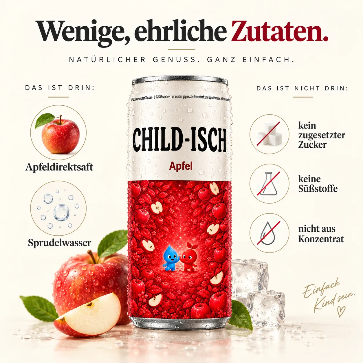 CHILD-ISCH Apfel Dose mit Zutatenübersicht: Apfeldirektsaft und Sprudelwasser drin, kein zugesetzter Zucker, keine Süßstoffe, nicht aus Konzentrat