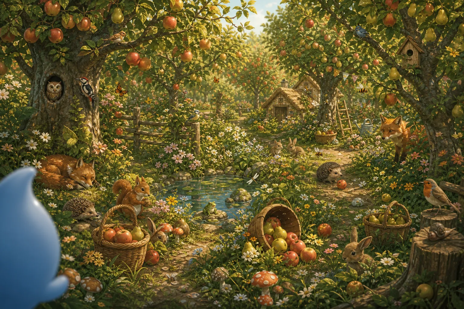 Ausschnitt aus einem CHILD-ISCH-Wimmelbild: ein dichter Obstgarten voller Tiere und Details